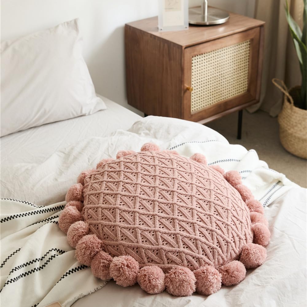 Lindo cojín Redondo con borlas y Pompones, Almohada Decorativa para decoración del hogar para Cama, sofá, Silla de Punto esponjosa, cojín para Coche, Gris, 50x50cm