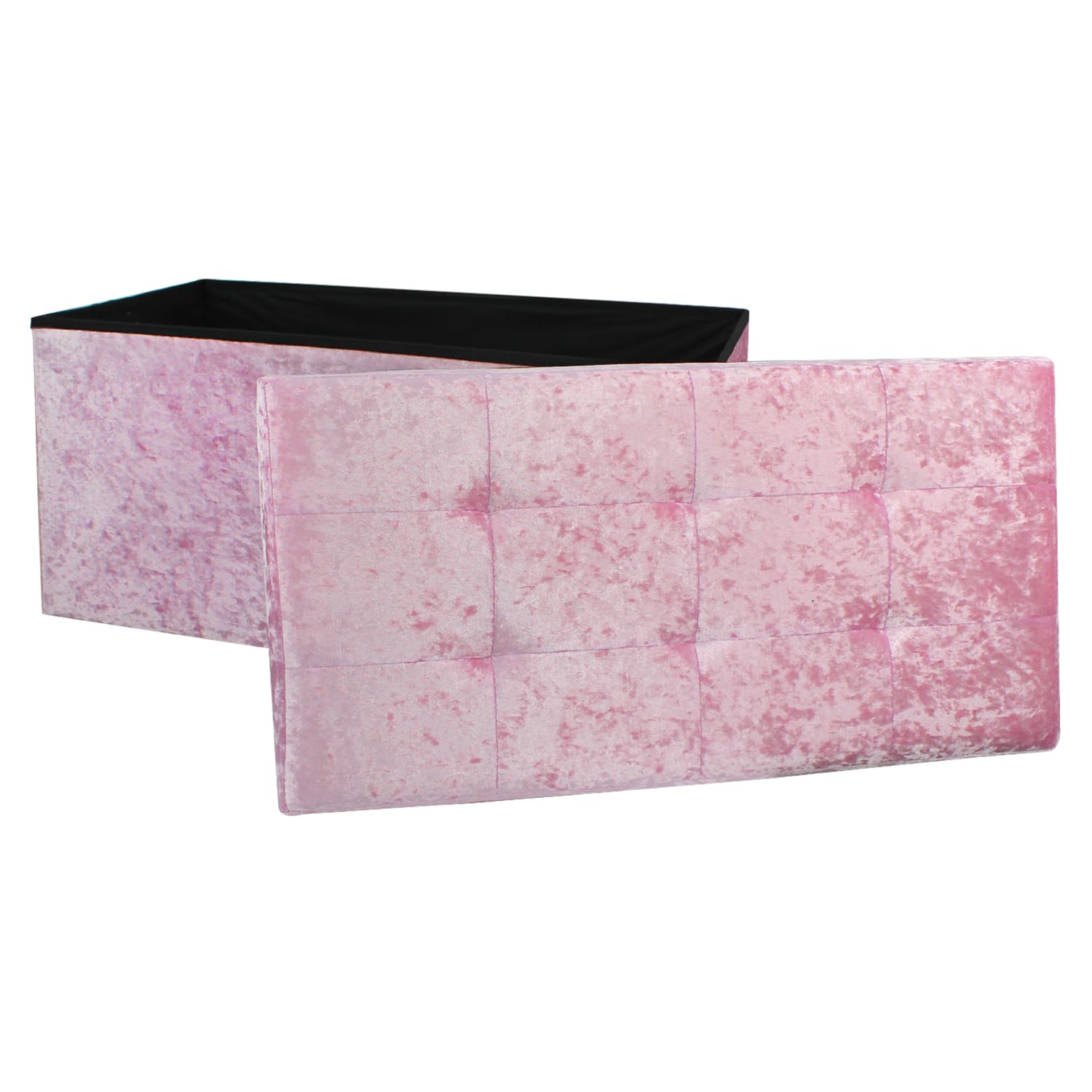 DANIEL JAMES Housewares Large Fold Flat Ottoman Storage, Pink Velvet Velour Finish, Double Size, 76cm (L) x 38cm (W) x 38cm (H)