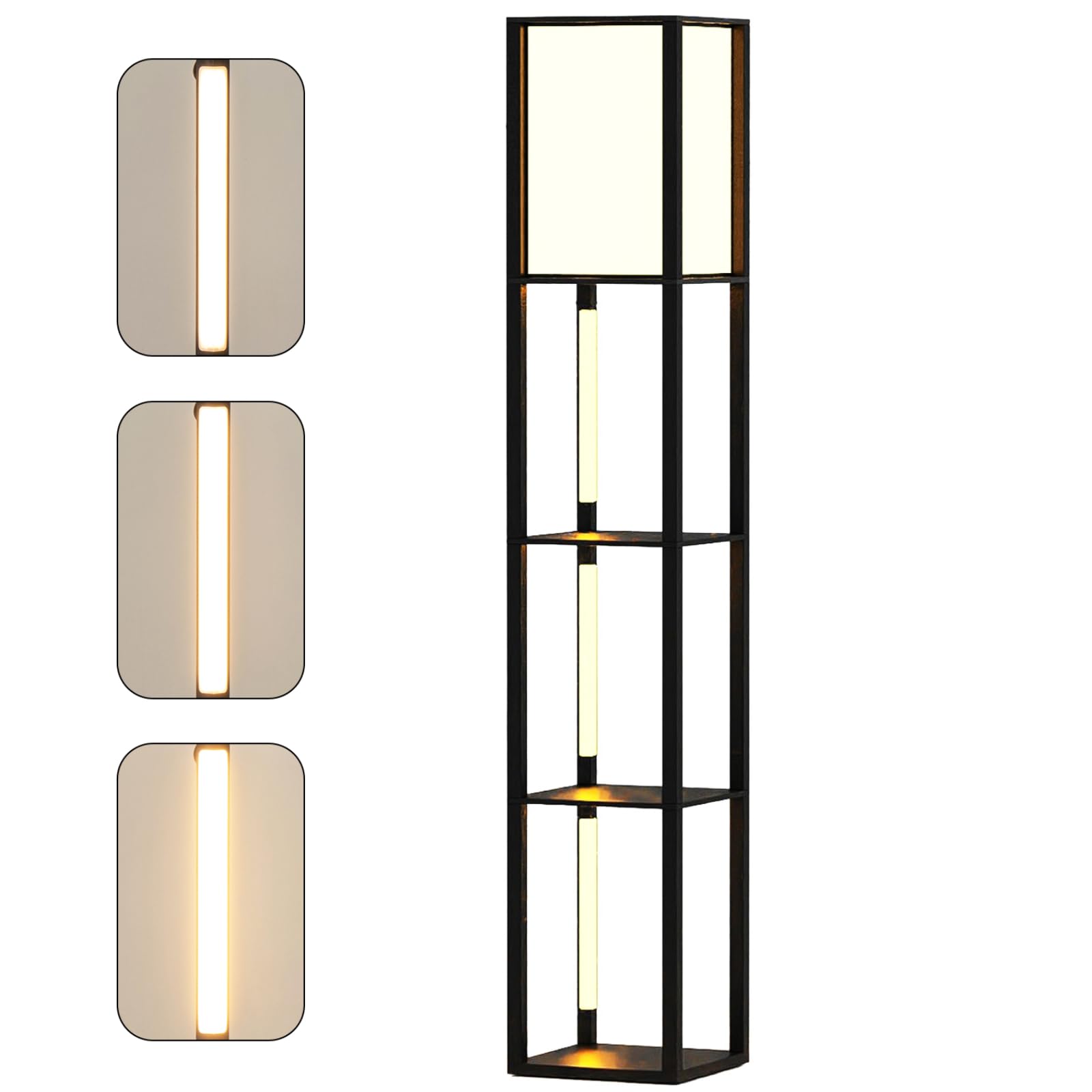 TANGZON Floor Lamp with Shelves, 3/4 Layers Wooden Dimmable Standing Light with 360° Rotatable LED Poles, Tall Reading Lamp for Bedroom Living Room Office Decoration (1 Shade, 3 Layers, 3 LED Poles)