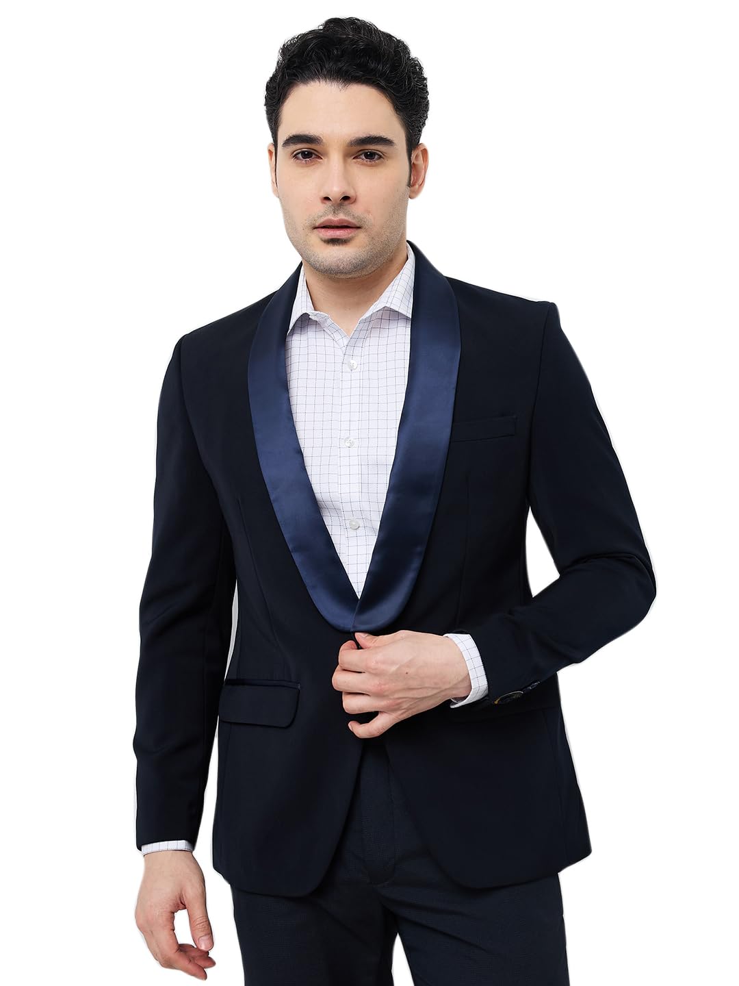 Men Super Slim Fit Solid Pattern Pure Polyester Shawl Collar Full Sleeve Formal Jacket