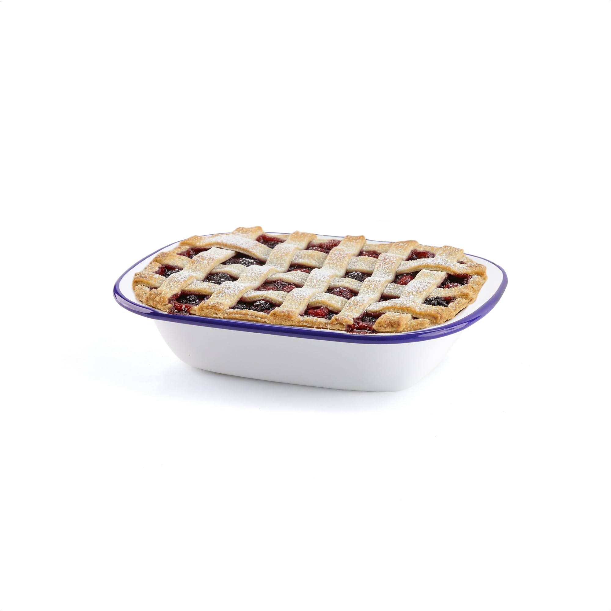 Winsome White With Blue Rim Enamel Pie Dish | White Roasting Tin | Dishwasher Safe Pudding Baking Steak Plate Tray For Oven & Stove (L 20 X W 14.5 X D 4.5 Cm)