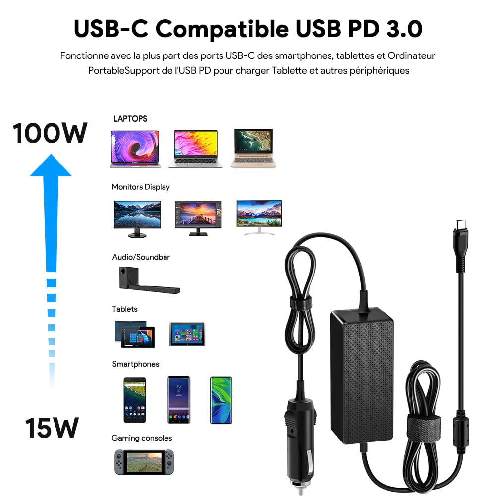 KFD DC 12V-24V KFZ USB C Netzteil Ladegerät für MacBook Pro 16" 15" Air Lenovo Asus ROG Surface Book 2 HP Dell Razer MSI 118W 100w 96W 90W 87W 67W 65W 60W Notebook Dockingstation Auto DC Ladekabel