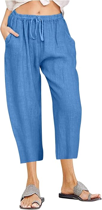 LRMQS Beach Pants Capri Length for Women 2026 Spring Summer Linen Capris Drawstring Elastic Waist Trendy Cropped Trousers