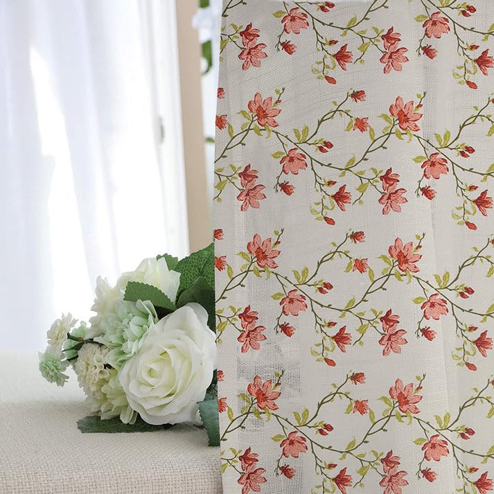 Image of LINENWALAS Cotton Linen Printed Sheer Curtain Set of 2 Panels with Eyelet Ring Hanging, Floral Printed Door Curtains Non Blackout Light Filtering Curtains (7 Feet x 4.5 Feet, Blossoming Vines)