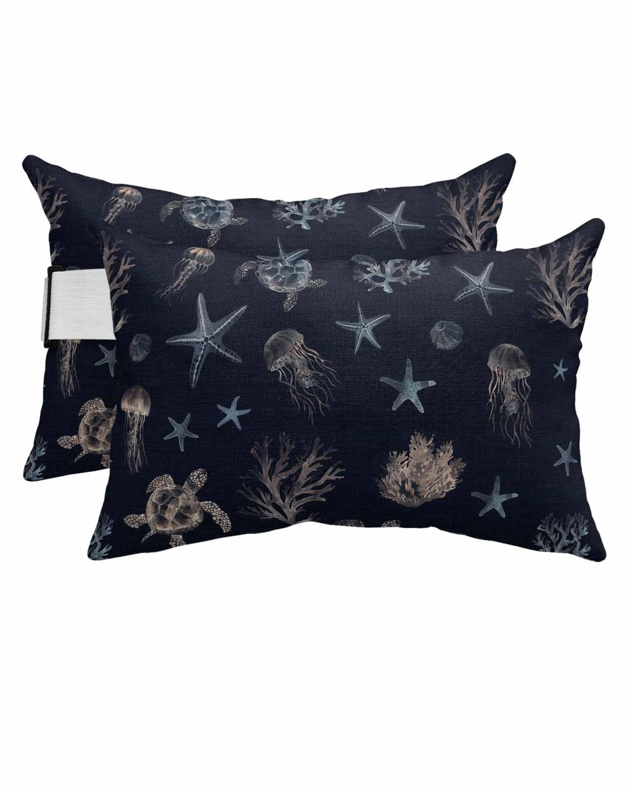 Outdoor Pillows Covers with Inserts Ocean Turtle Starfish Jellyfish Coral Navy Blue Waterproof Pillow with Adjustable Strap Throw Pillows for Patio Furniture Pool Lounge Chair, 11x16 Inch, 2PCS