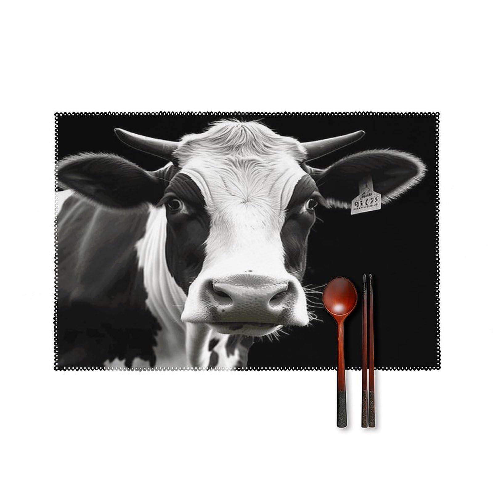 Animal Funny Cow Head Black White Placemats Set of 4 Canvas Washable Cloth Place Mats Wipeable Heat Resistant Table Mats Elegant Cloth Placemat for Kitchen Dinning Party Table Decor 12" X 18"