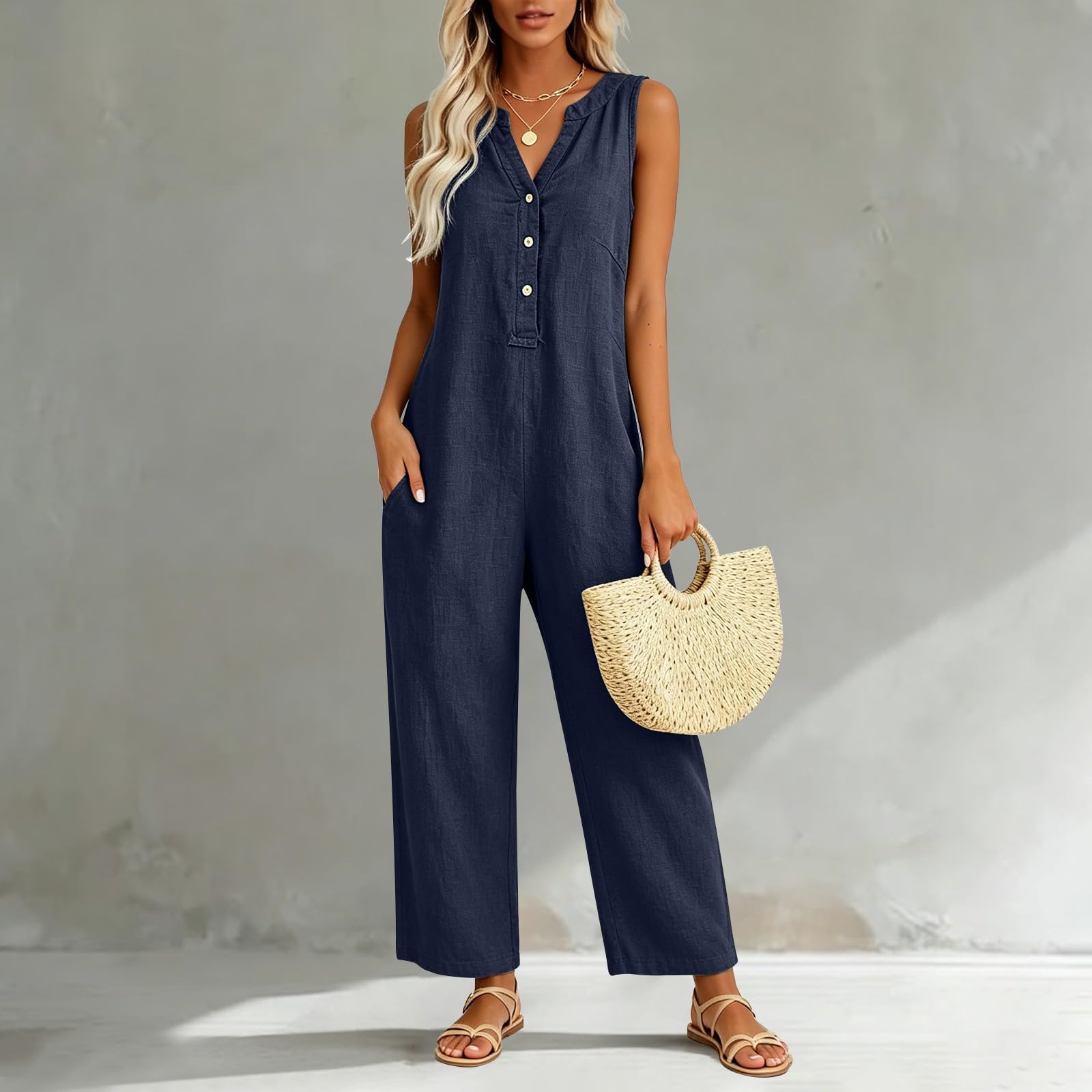 Tuta estiva da donna, in lino, senza maniche, con tasche | Tuta con pantaloni a gamba larga, elegante scollo a V, tuta intera in mussola, casual, per le vacanze