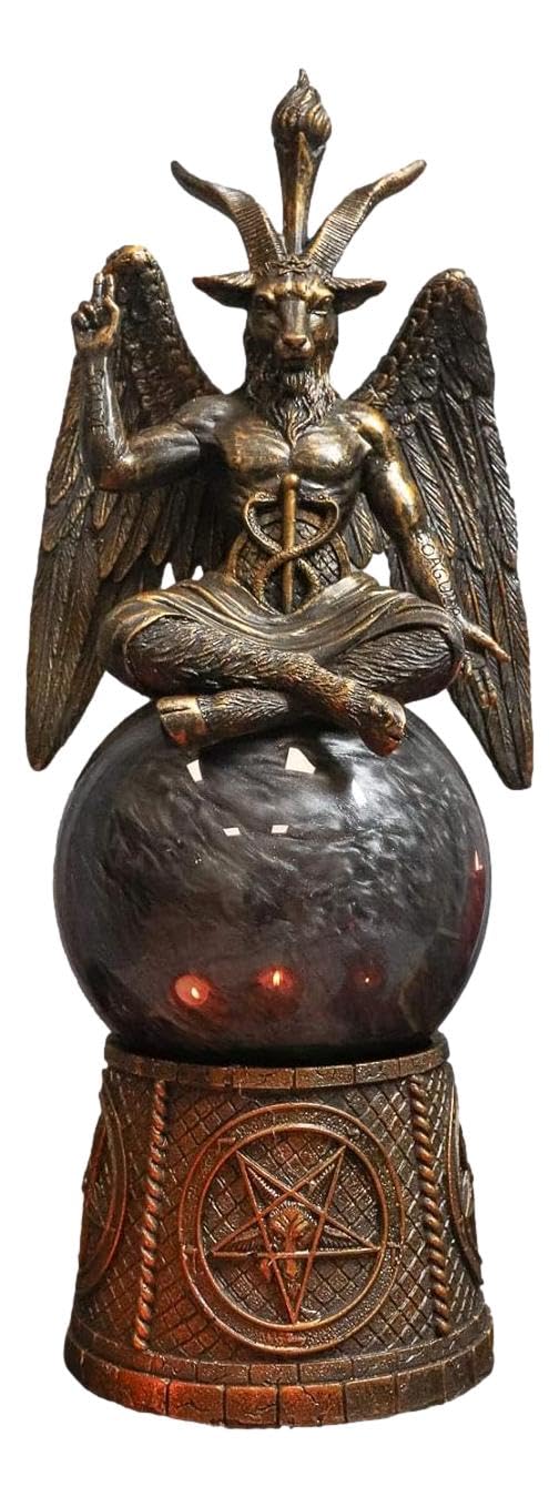 Ebros Sabbatic Goat of Mendes Samael Lilith Baphomet Sitting On Black Sandstorm Gazing Ball with Pentagram Sigils Decorative Statue 12" Tall LaVeyan Scrying Balls Accent