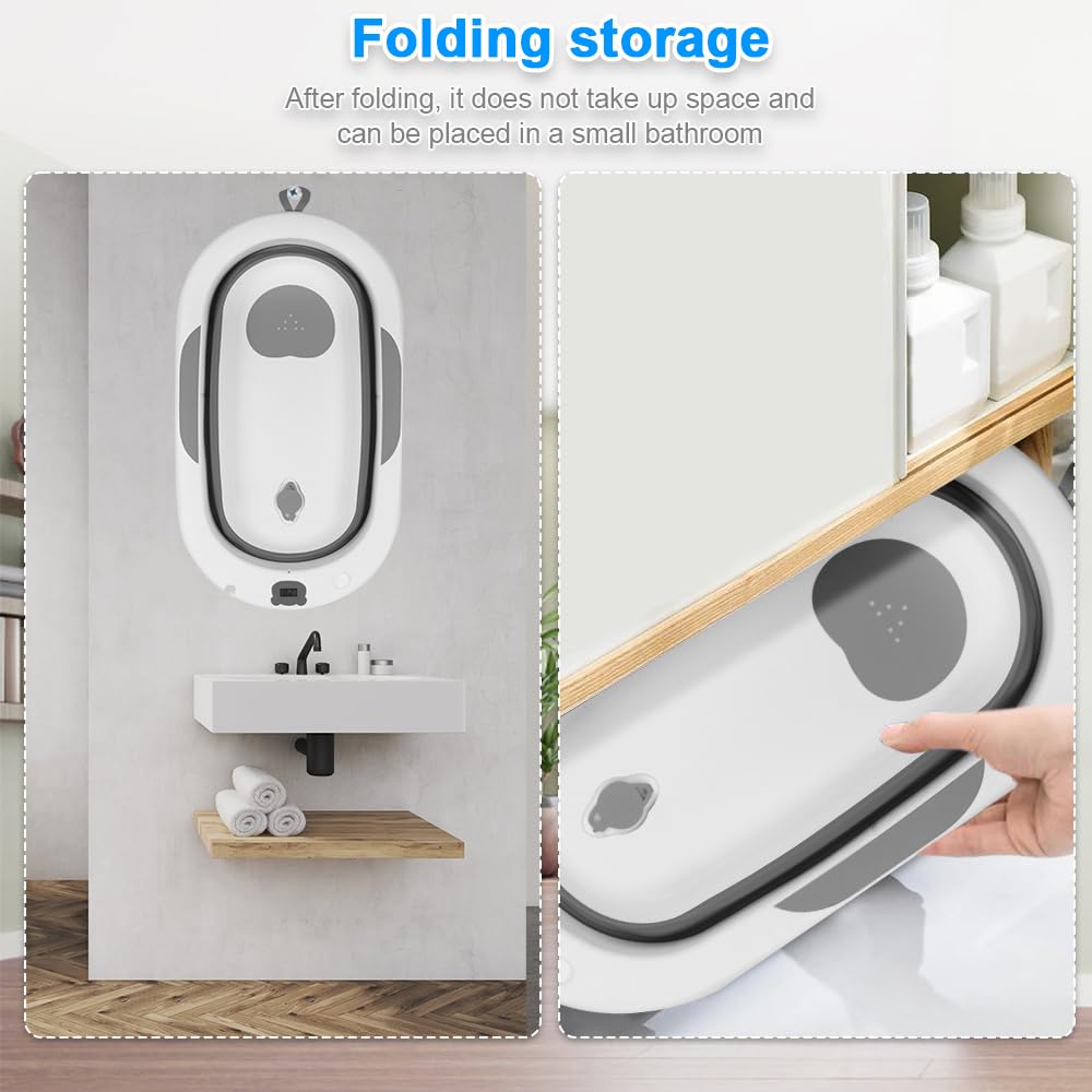 OHMG Bañera para Bebé, Bañera plegable con cojín, baño ergonómico para bebés con termómetro integrado para recién nacidos de 0 a 36 meses, ergonómica y poco espacio