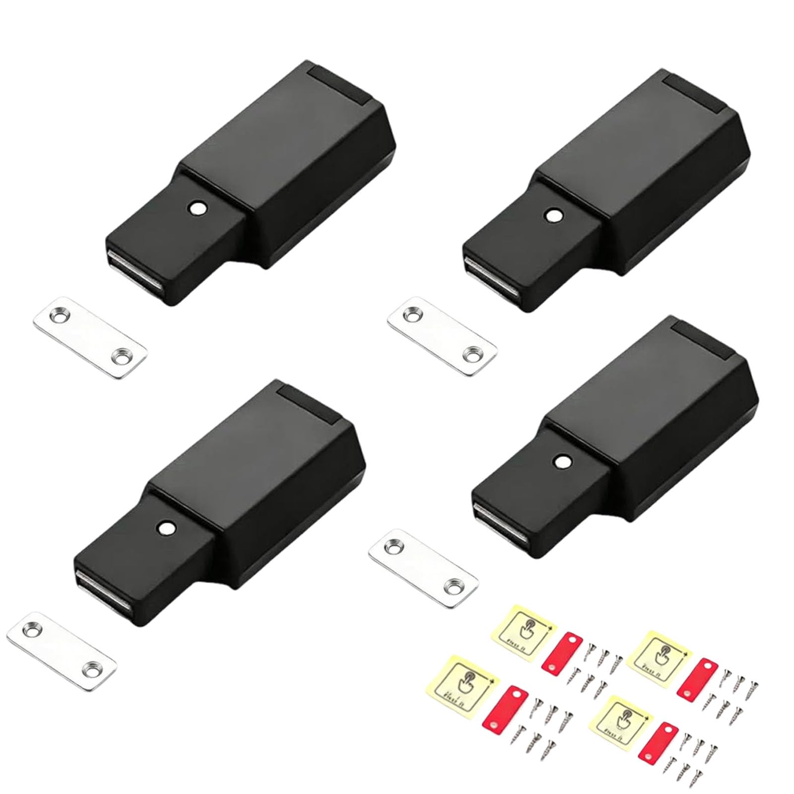 Magnet Cupboard Locks Push to Open, Heavy Duty Push to Open Latch for Cabinets and Doors, Push to Open Door Catches with Magnetic Locking, Set of 4 ABS Plastic Black Latches