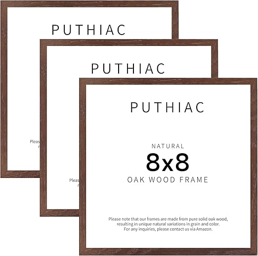 puthiac 8x8 Walnut Oak Wood Picture Frame - 8x8 Photo Frame, 8x8 Picture Frame Wood, Natural Solid Wooden Picture Frames for Wall Art Photo and Prints (3 Pack, Walnut)