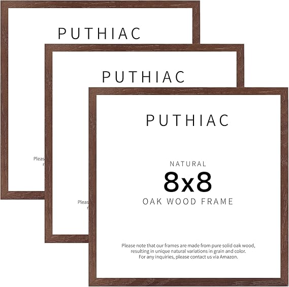 puthiac 8x8 Walnut Oak Wood Picture Frame - 8x8 Photo Frame, 8x8 Picture Frame Wood, Natural Solid Wooden Picture Frames for Wall Art Photo and Prints (3 Pack, Walnut)