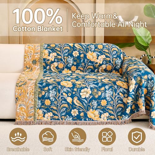 Image of VANJOROY Boho Throw Blanket King, 100% Organic Cotton Breathable Ultra Soft 91 inch x 98 inch Bed Quilt Throw - All Season Floral Rustic Farmhouse Decor Reversible Blanket for Sofa Couch Chair and Gift