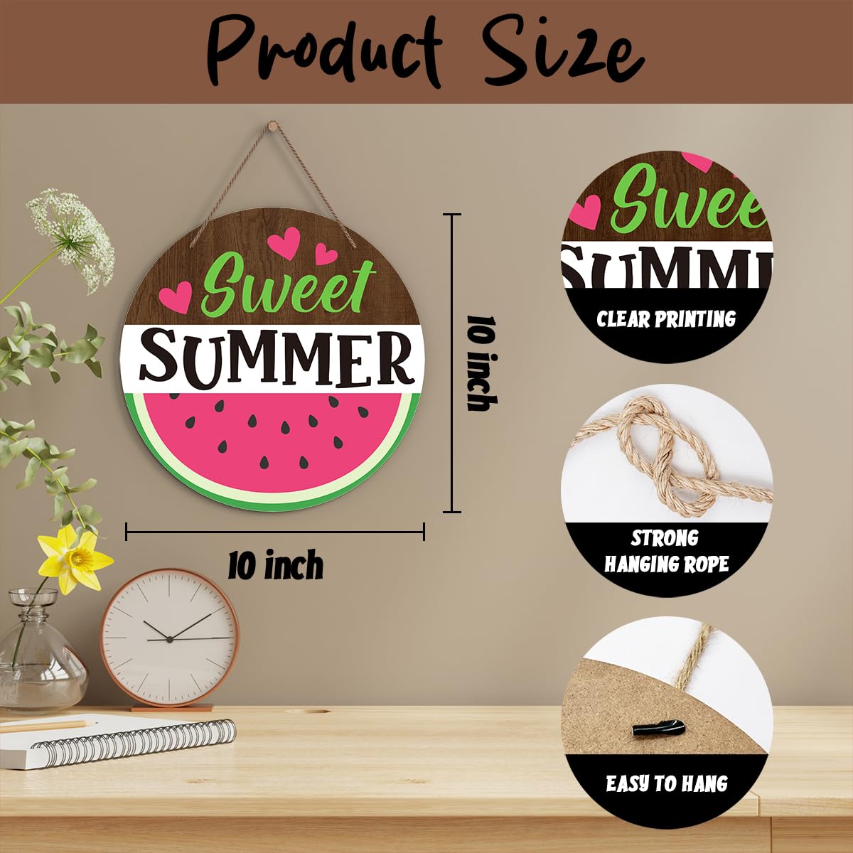 Zmyollo Summer Watermelon Round Welcome Decorative Sign, Sweet Summer Wooden Sign With Rope, Wall Art Decorations for Farmhouse Home Garden Patio Porch, Summer Gifts For Friends Colleagues, A31