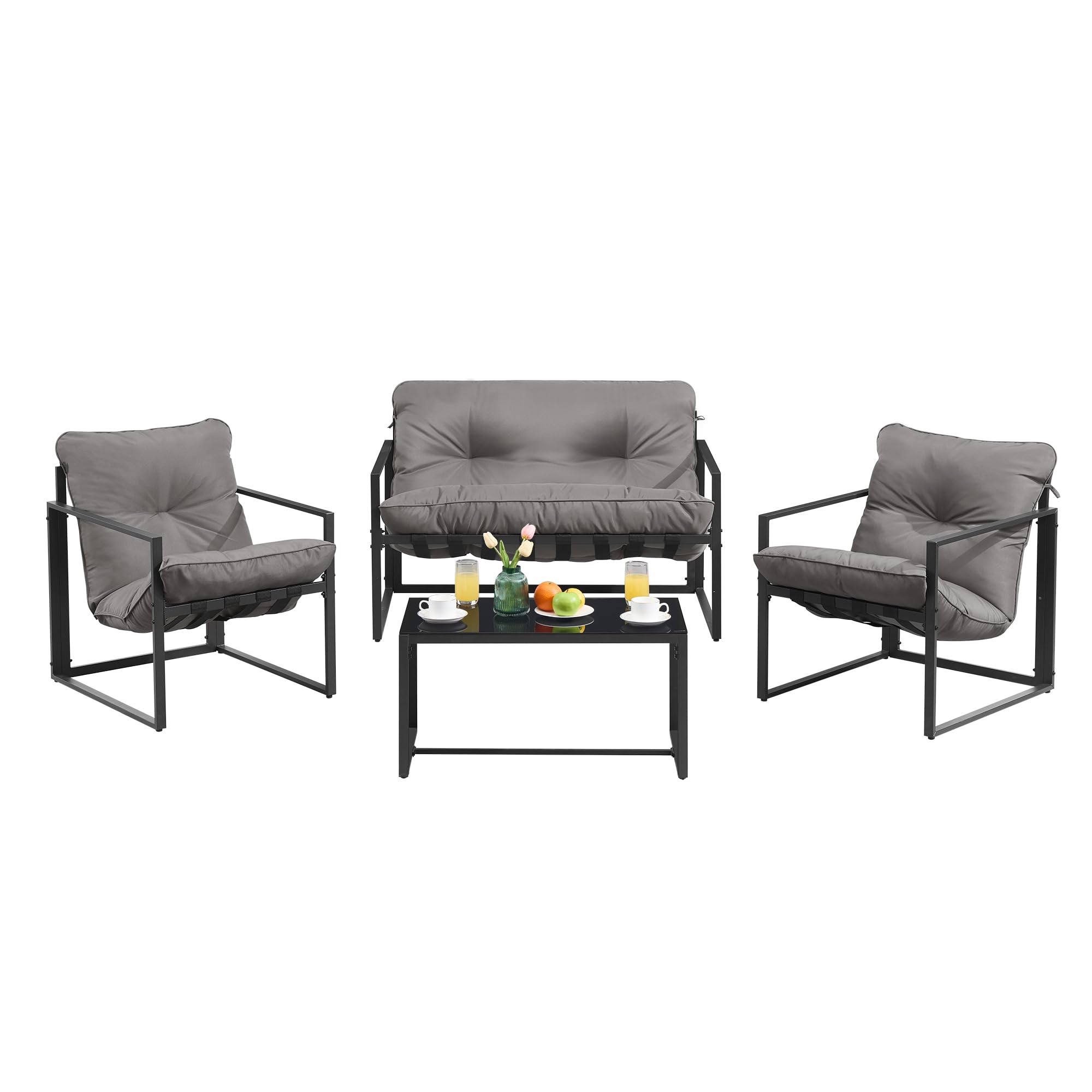SONGMICS Salon de Jardin Extérieur 4 Pièces, Meuble de Jardin, 2 Fauteuils, 1 Table, 1 Banquette, Acier, Coussins Rembourrés, pour Terrasse, Balcon, Gris GGF040GZ01