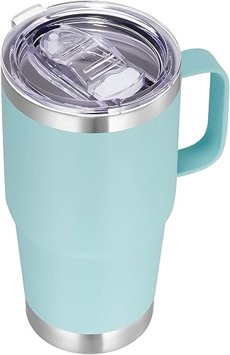 VEGOND Vaso de 20 onzas con tapa con asa y pajilla, taza de café de viaje aislada de acero inoxidable a prueba de derrames, vaso de metal de doble
