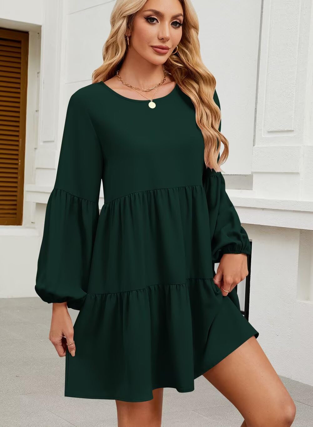 QACOHU Falll Dresses for Women 2026 Crew Neck Long Lantern Sleeve Casual Loose Flowy Swing Shift Dress - Image 2