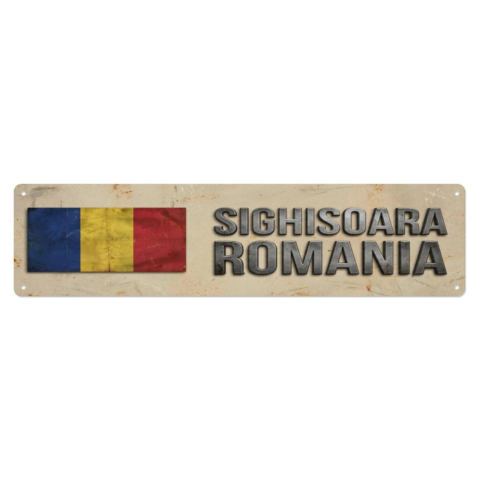 Metal Tin Sign Vintage Sighisoara Romania Flag Decor Rustic Travel