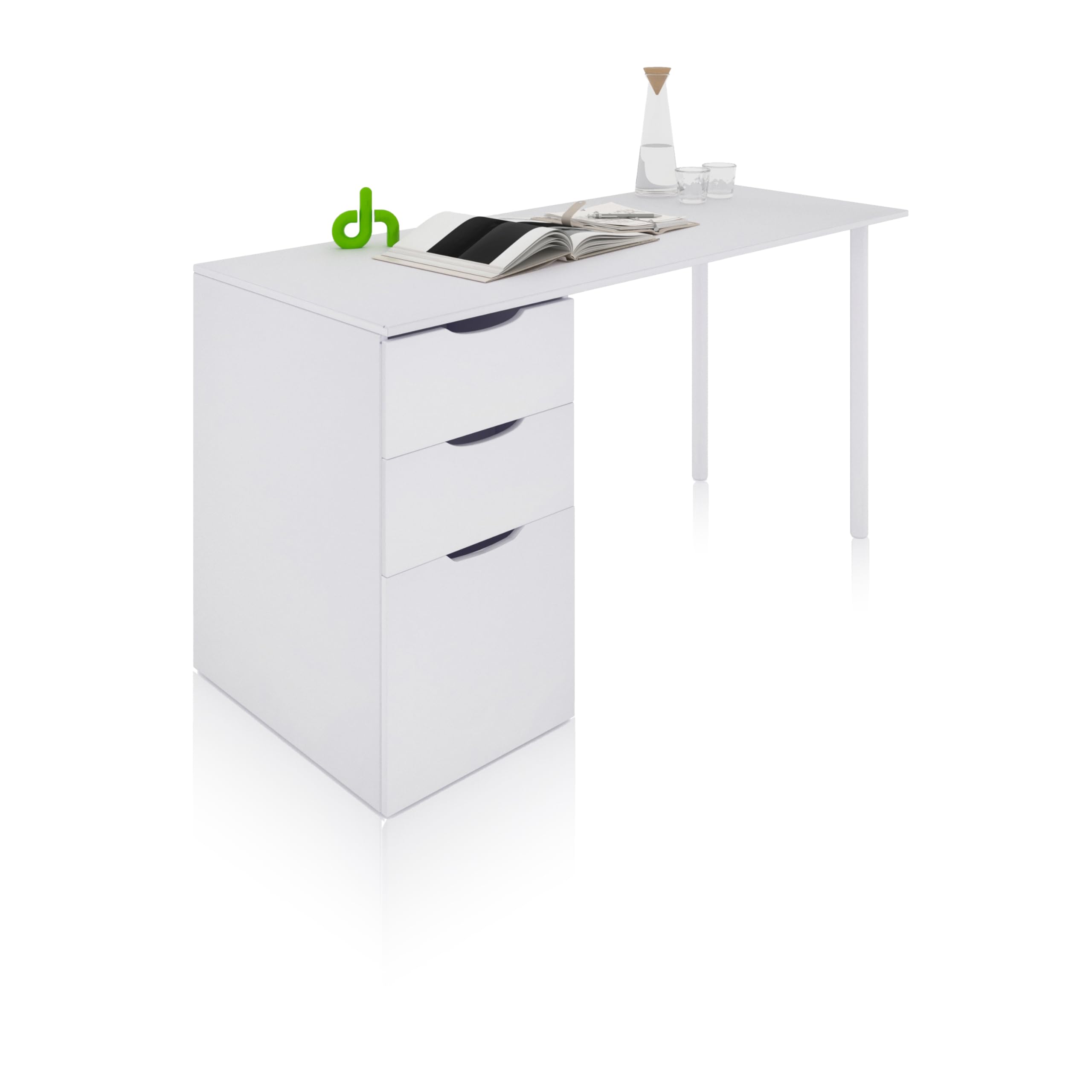 duehome | Mesa Ordenador Reversible con 2 Cajones y 1 Puerta, Mesa Despacho, Escritorio, Modelo Luma, Acabado en Color Blanco Artik, Medidas: 138 cm (Ancho) x 60 cm (Fondo) x 74 cm (Alto)