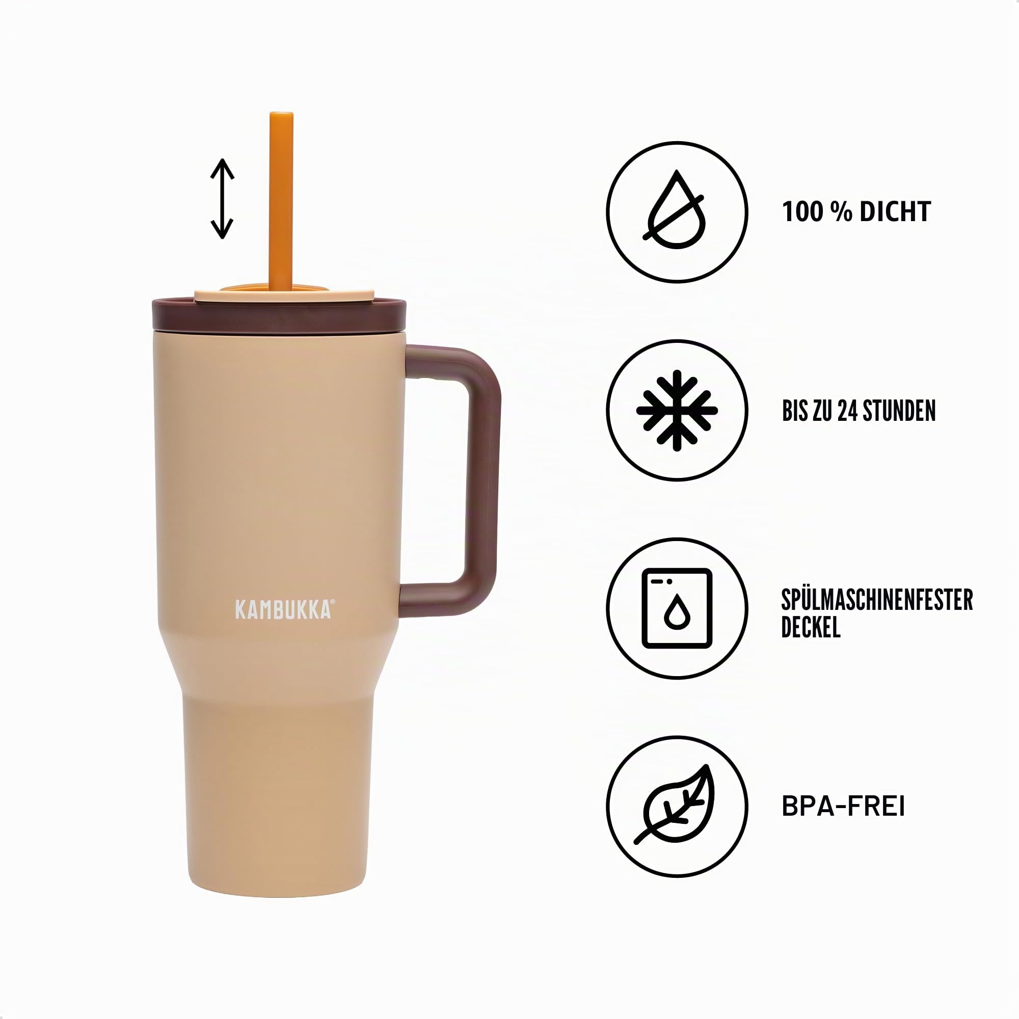 Kambukka Rio Isolierbecher – Edelstahl Thermobecher, auslaufsicher, hält 24+ Std. kalt, BPA-frei, Teleskopstrohhalm, spülmaschinenfest, Tragegriff, passt in Becherhalter