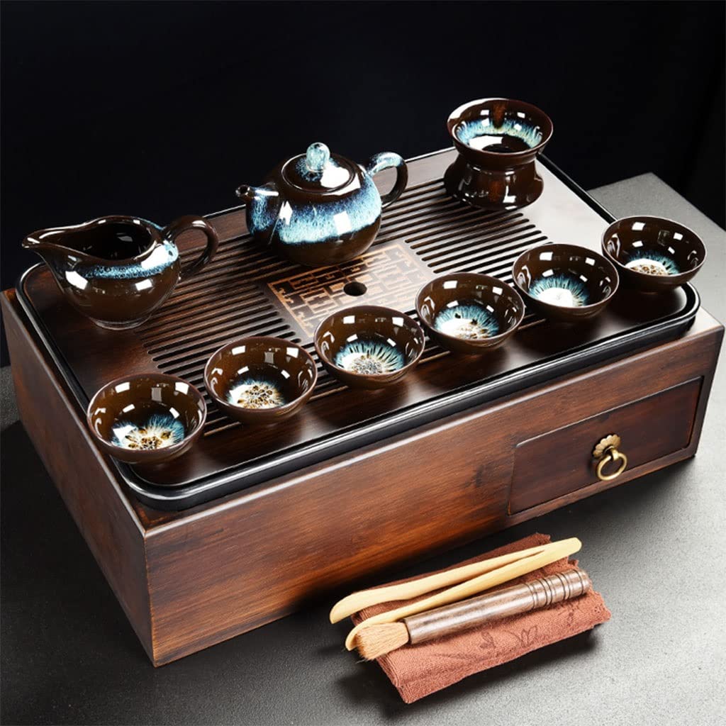 DFGHNBVC Tea Serving Tray,Double Layer Design,Drawer Design, Metal Handle,Chinese Gongfu Tea Table Serving,Easy Drainage,A
