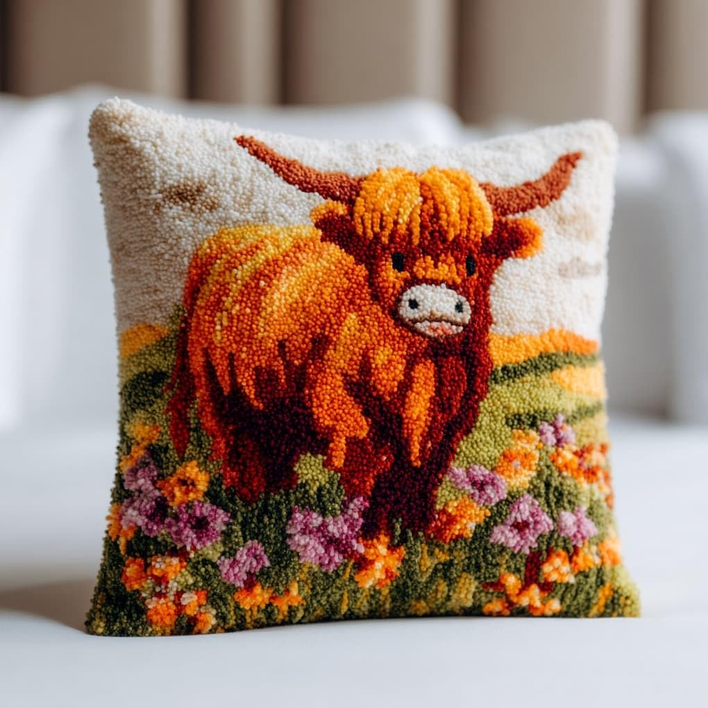 Latch Hook Pillow Kits Pillow Cover,Highland cattle in the flowerbed