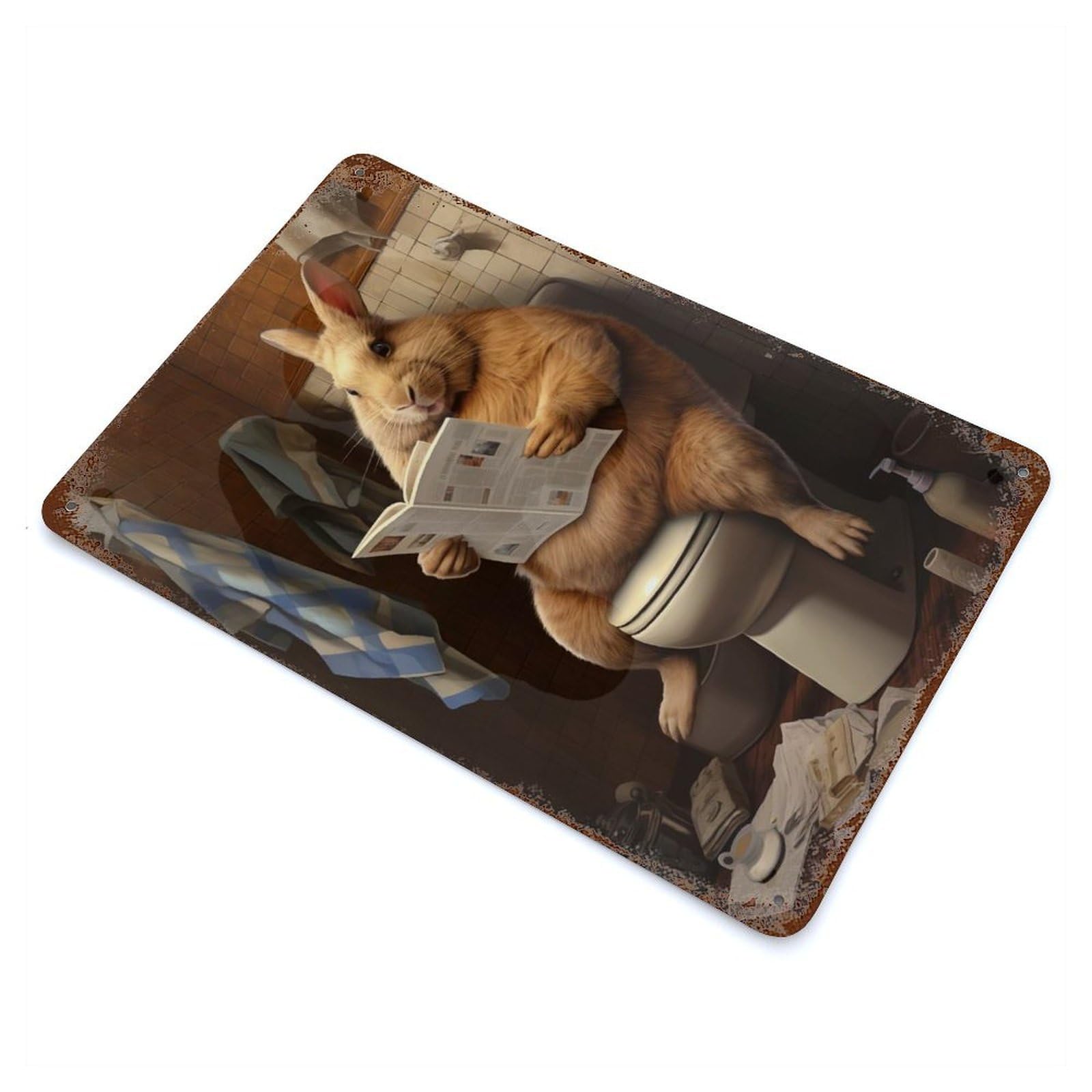 Garage Style Fat Bunny Toilet Newspaper Rust Effect Tin Sign 11.8"x7.9", Industrial Home Decor for Bar And Workshop