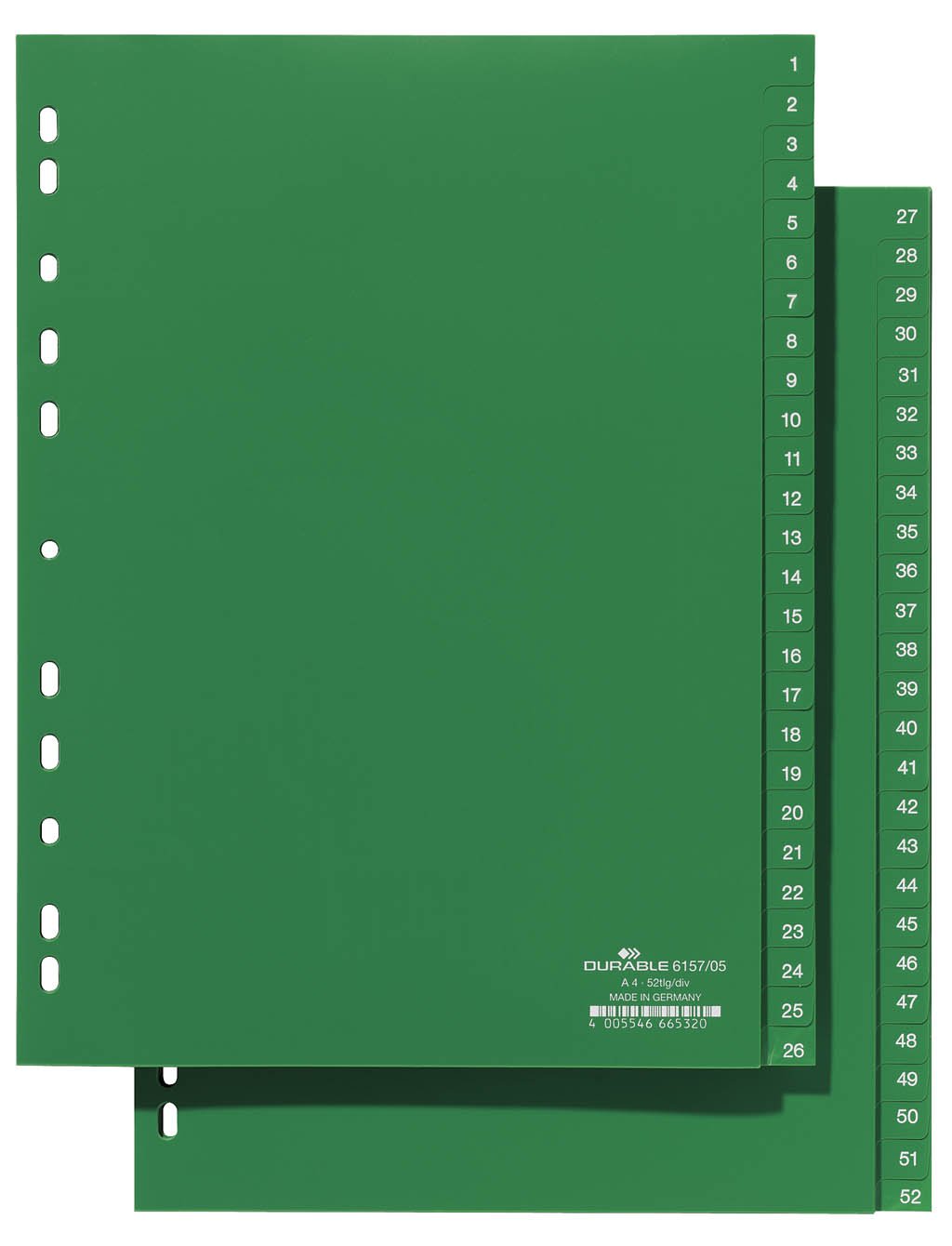 Durable 615705 Intercalaires Format A4 52 Touches Numériques 1-26/27-52 - Perforations Universelles - Pvc Rigide Coloris Vert