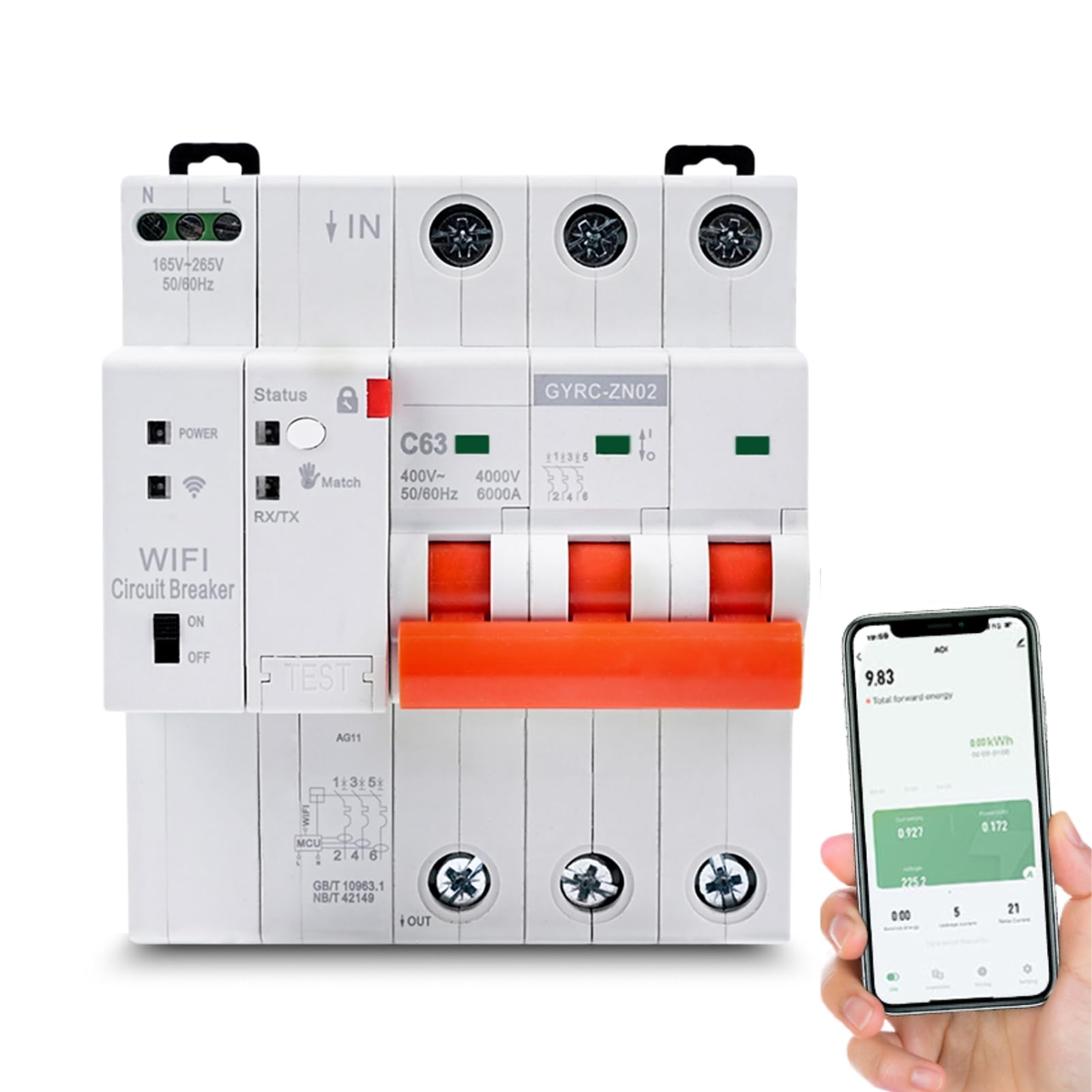 Jadeshay Interruttore Magnetotermico WiFi,3P 63A Salvavita con Riarmo Automatico WiFi Controllo Remoto Tramite APP Tuya sul Cellulare con Timer Protezione Sovratensione Sottotensione e Sovraccarico