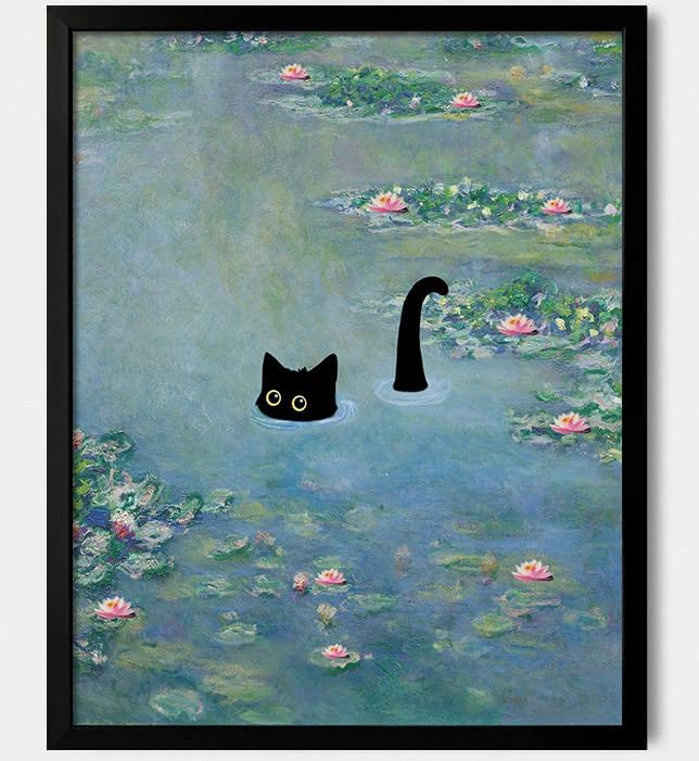 Hamduker Cat Wall Art Monet Prints Vintage Canvas Wall Art Funny Cat in Water Lilies Posters for Room Bedroom Living Room Bathroom Wall Decor Aesthetic (Size: 8''x10''x1pcs)