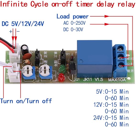 1pc DC 5V/12V/24V Adjustable Times Switch Module Delay On/Off Timer Delay Switch Module 6 Types Optional Time Delay(DC12V 0-60mins)