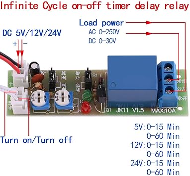 1pc DC 5V/12V/24V Adjustable Times Switch Module Delay On/Off Timer Delay Switch Module 6 Types Optional Time Delay(DC12V 0-60mins)