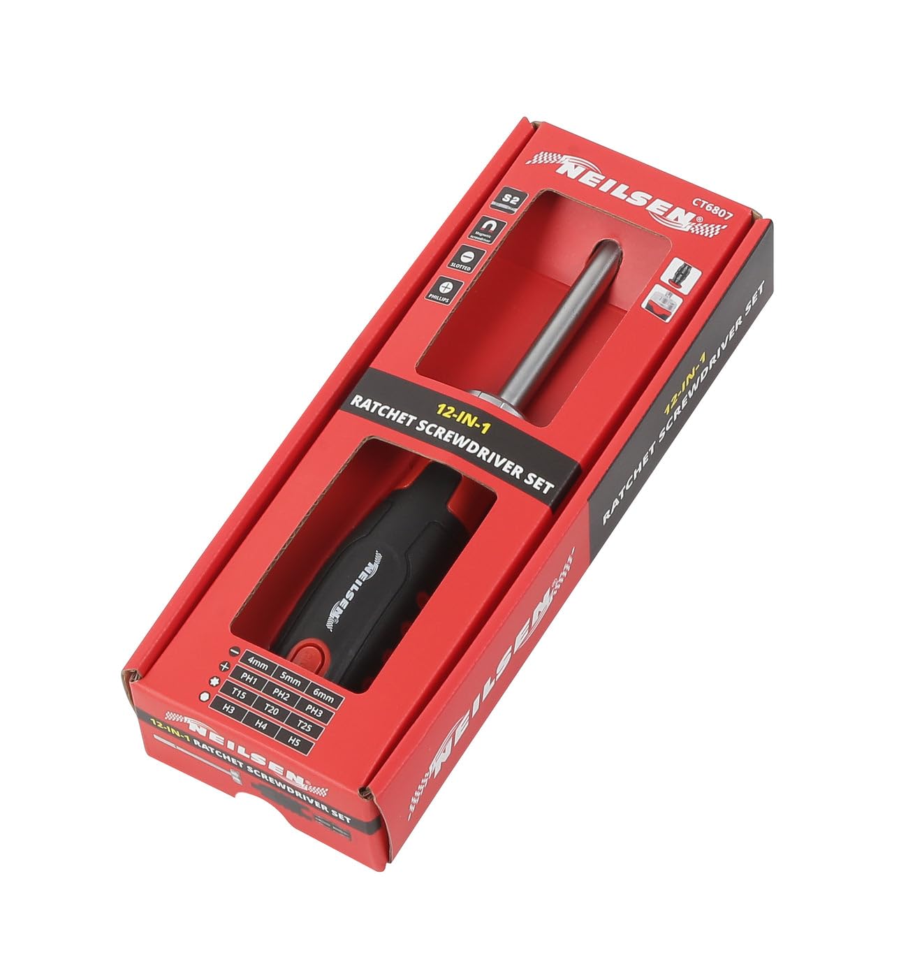 Neilsen Ct6807 – 12-In-1 Ratchet Screwdriver Set With Twist-Reverse And Ratchet Lock Mechanism, Magnetic Driver, Slotted, Phillips, Star And Hex S2 Bits