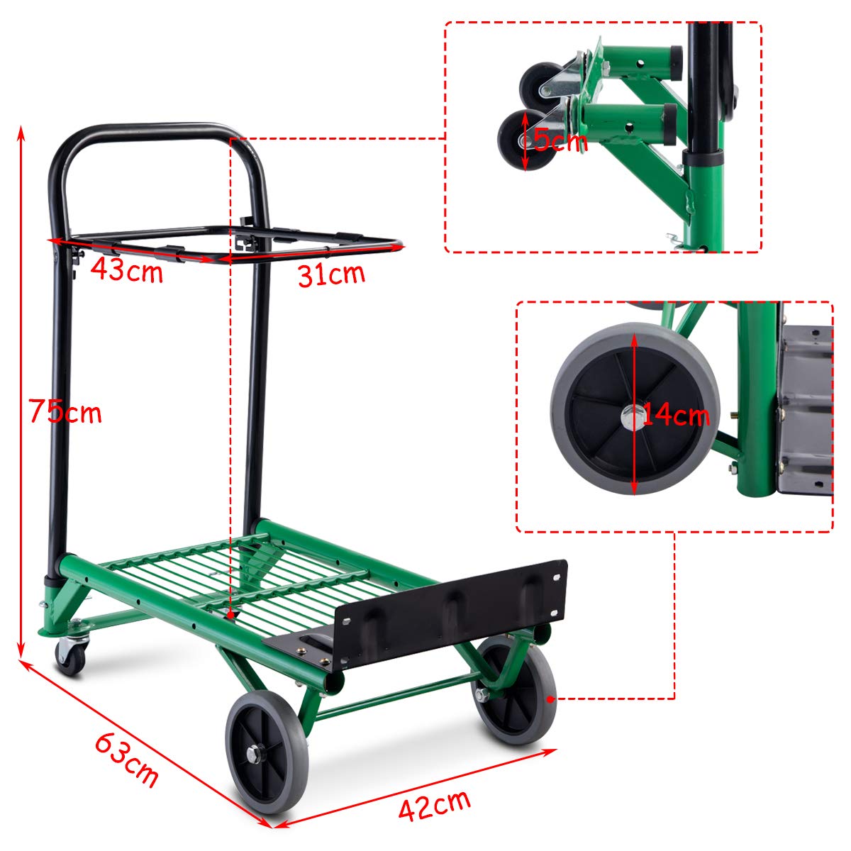 COSTWAY Carrello Per Trasporto Pieghevole, 2 in 1, Portapacchi Carrello per Trasporto di Sacchi in Acciaio, Altezza Regolabile, Capacità di Carico Fino a 90 kg