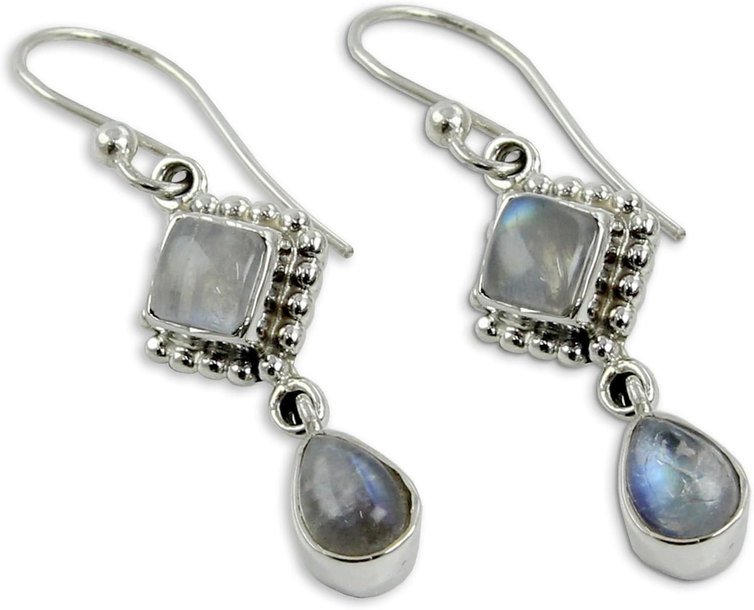 NOVICA Artisan Handmade Rainbow Moonstone Dangle Earrings Silver India Sterling Grey Clear Glacier [1.6 in L x 0.4 in W] ' Queen of Diamonds'