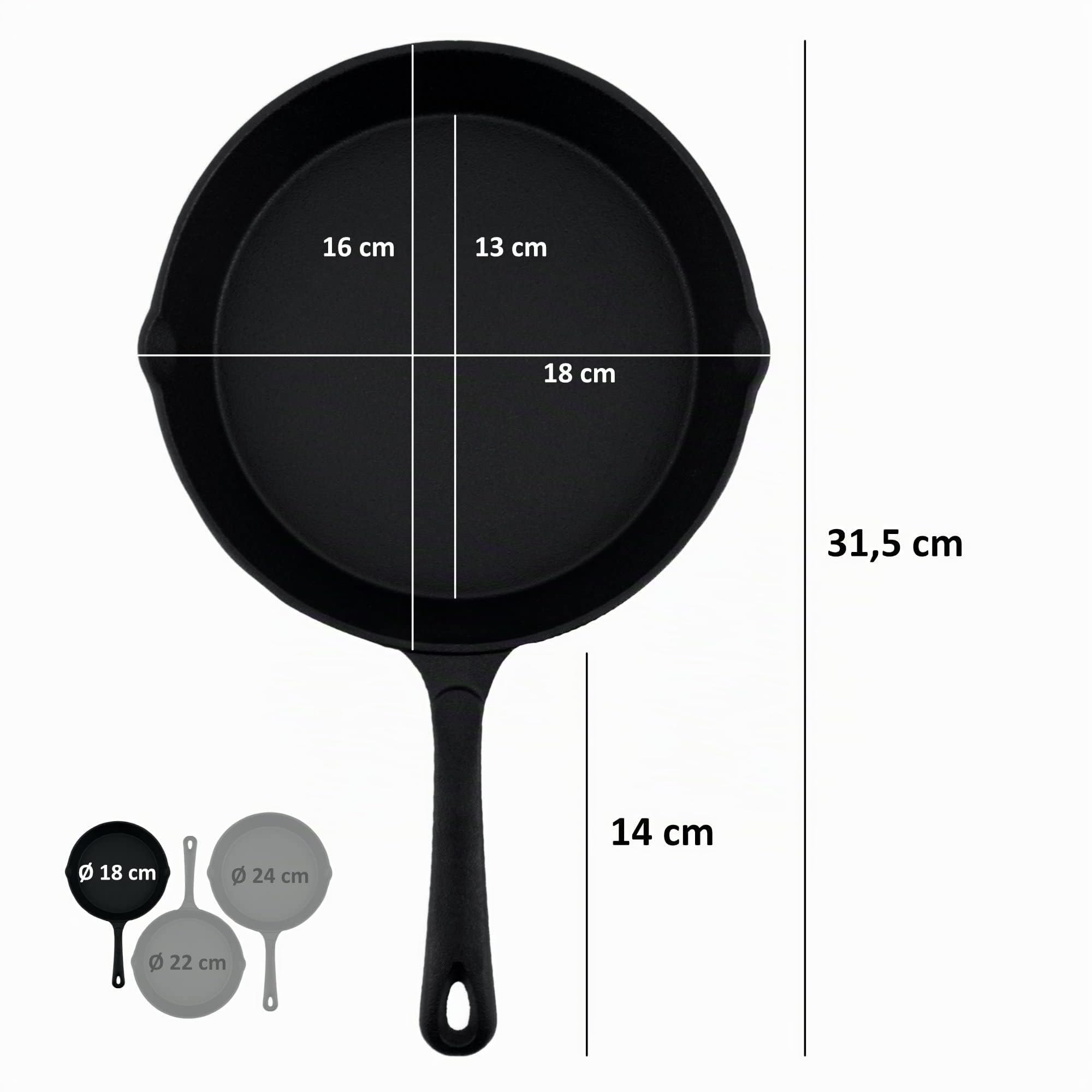 BBQ-TORO Juego de Sartenes de Hierro Fundido con Revestimiento PRO3+ | Serie Ultimate | 3 Piezas: Ø 16 cm, Ø 20 cm, Ø 24 cm | Curado con el proceso PRO3+ | Con Boquillas Laterales | Termorresistentes