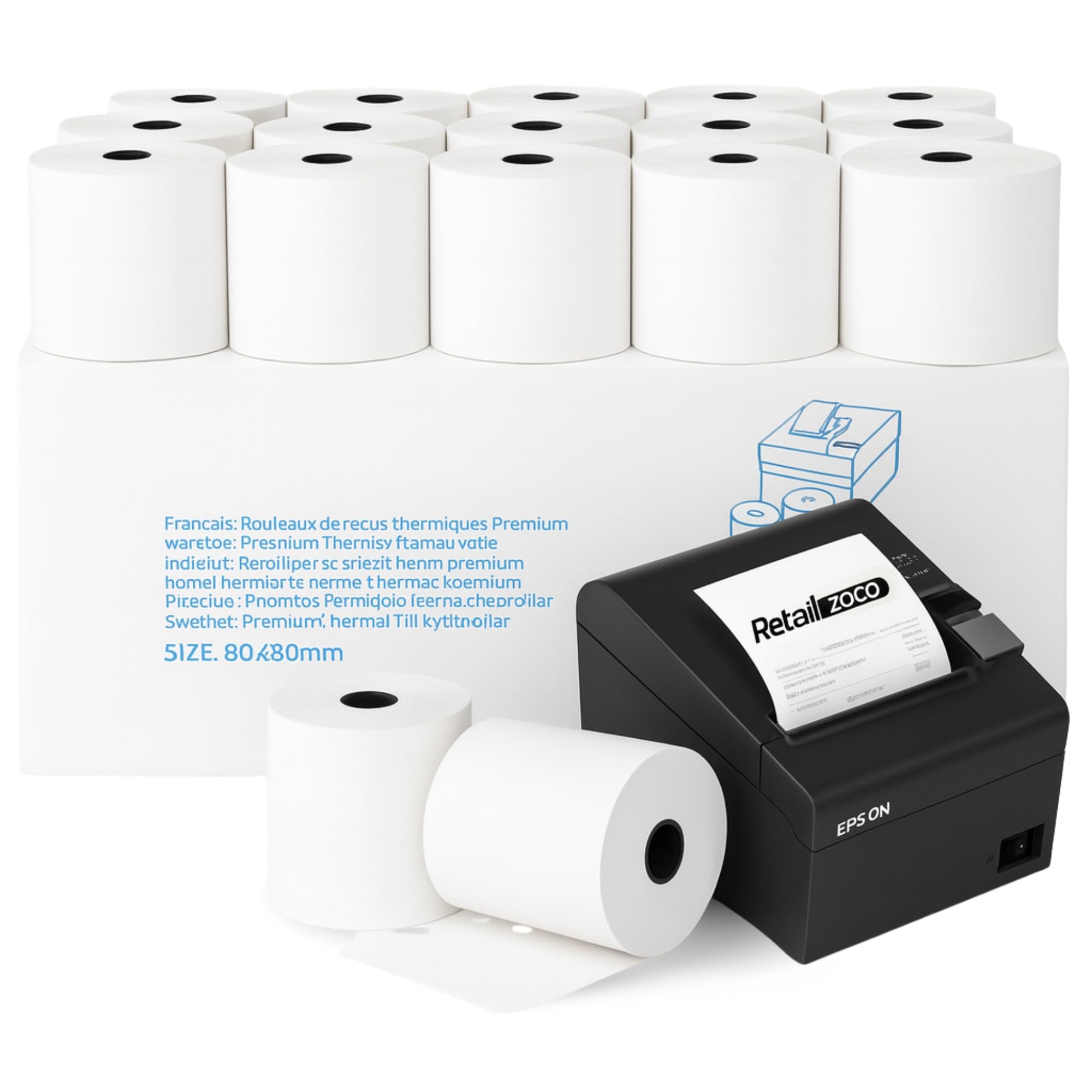 Rollos de papel térmico, Papel Impresora Térmica, Rollo de Recibo Térmico, Apto para Impresora EPOS, Terminal POS, Datafono, Caja Registradora, Báscula, Tamaño 80x80 mm, Pack de 32 rollos