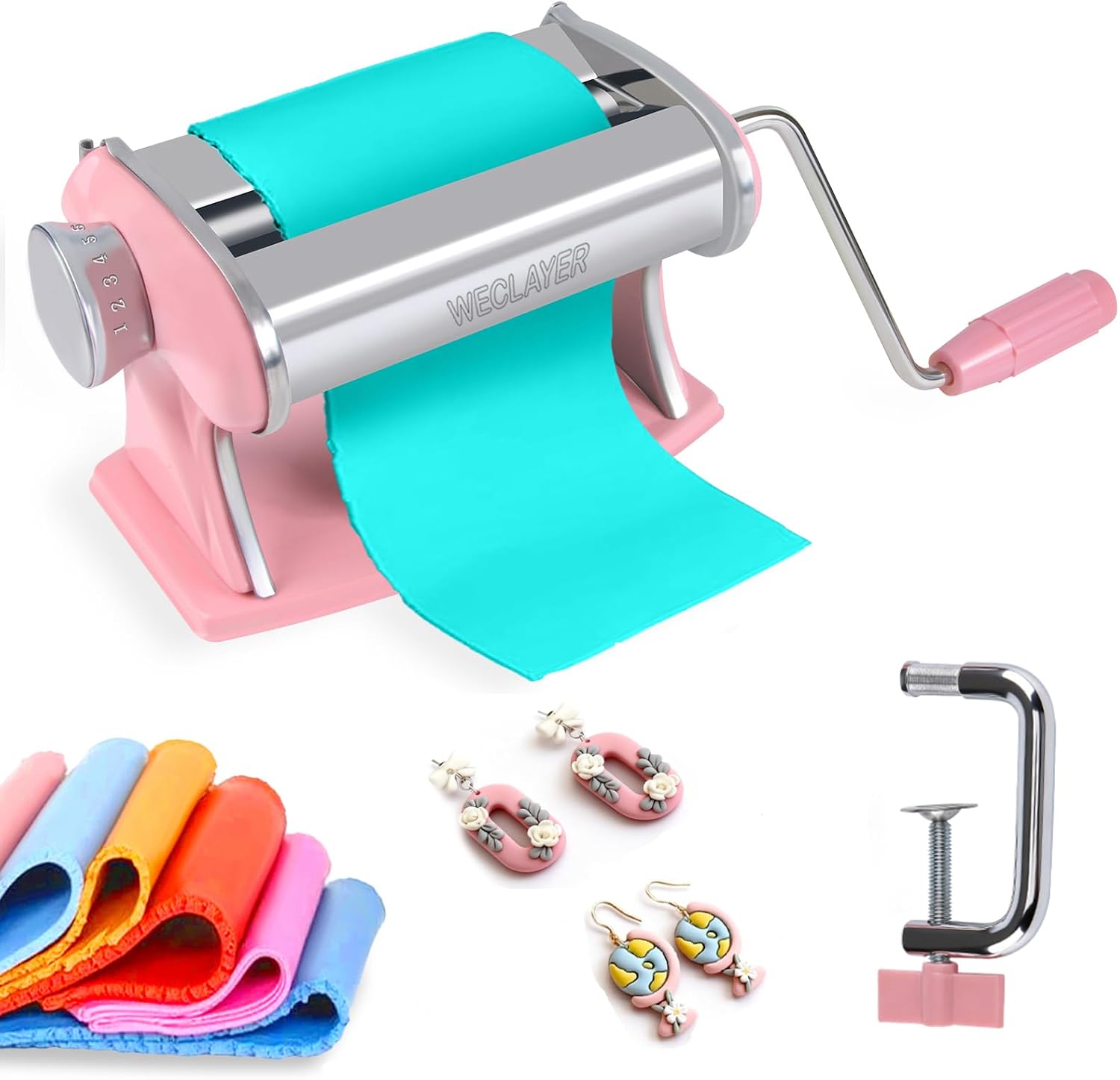 WECLAYER Polymer Clay Press Machine,Clay Roller Machine with 8pcs Modeling Clay Tools,Stainless Steel Polymer Clay Tools for Clay Earring Making,7 Adjustable Thickness Setting Clay Pasta Machine