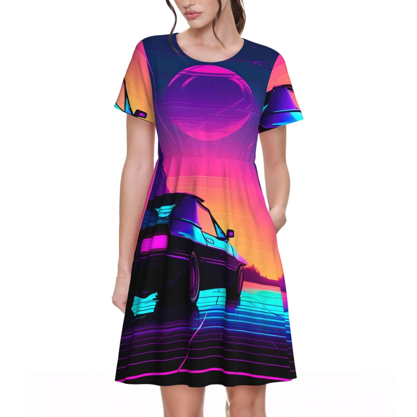 Robe d'été décontractée Retrowave anti-chaleur fluide à manches courtes - 8