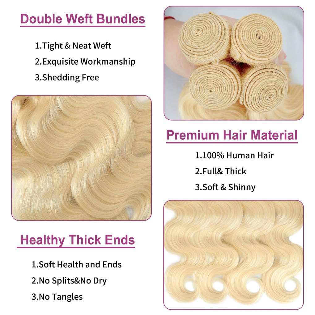 613 Bundles Human Hair 24 26 28 30 Inch Blonde Bundles Human Hair Body Wave 4 Bundles, 100% Raw Indian Hair, Can Be Dyed, Highlighted or Restyled, Minimal Shedding, No Tangle, Easy to Take Care of.