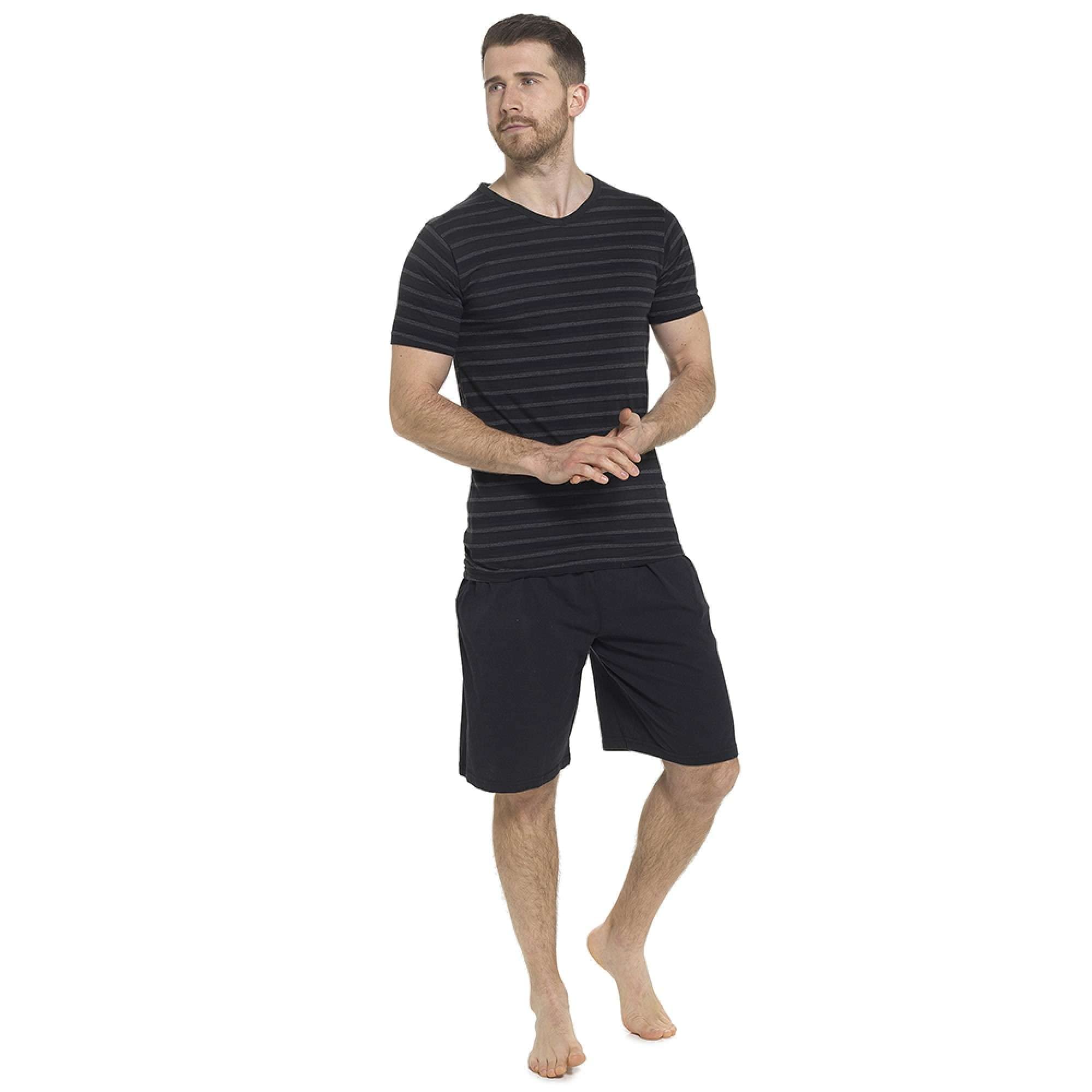 Tom Franks Men's Black & Grey Jersey Striped T-Shirt And Shorts Pyjamas Set (Medium, )