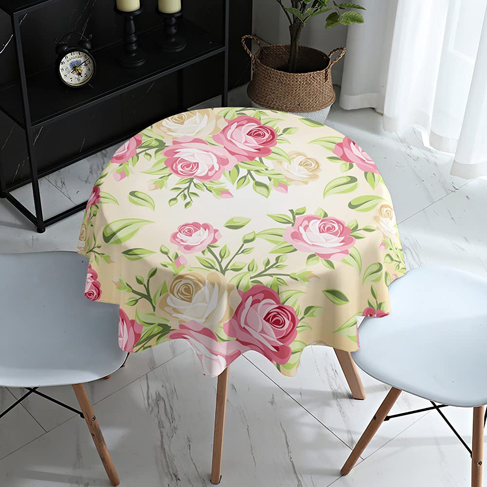 Morbuy Pink Rose Flower Round Tablecloth For Circular Table, 3D Floral Print Tablecloths Waterproof Stain Resistant Wipeable Table Cloths For Home Party Kitchen Dinning (,Diameter 100Cm)