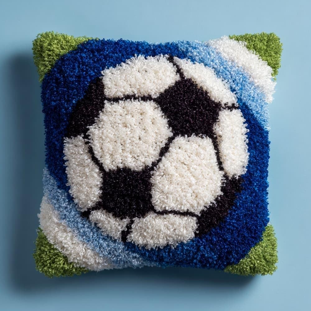 Taxpy DIY Latch Hook Pillow Kit Pre-Printed Hook and Latch Rug Kits Soccer 17X17 Inch.Cross-Stitch Embroidery Cushion Cover for Home Sofa Decoration