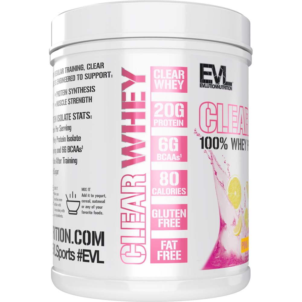 Evlution Nutrition Clear Whey - 100% aislado de proteína de suero - para crecimiento muscular, fuerza y recuperación - 20 g de proteína aislada por porción - Absorción rápida - Sin gluten y grasa - 1