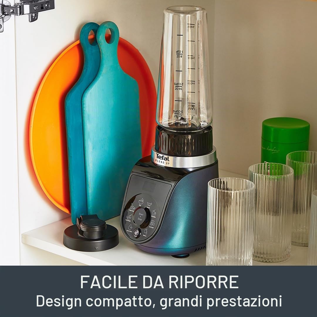 Tefal Blend Up Potente mini frullatore, modalità silenziosa, 1000 W, 8 preset automatici, programma di pulizia automatica, bottiglie On the Go BL19H4G0, blu boreale