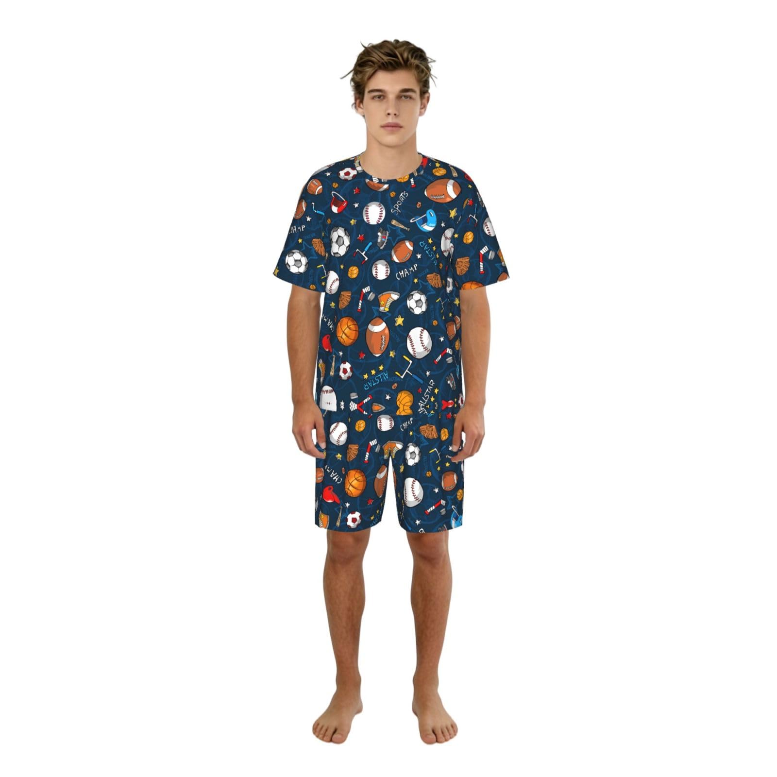 Conjunto de pijama deportivo con estampado de juego de béisbol para hombre, cómodo conjunto de pijama con pantalones cortos, perfecto para las noches de verano