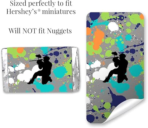 Miniatura 5 de AmandaCreation - Mini calcomanías de barra de caramelo de chocolate con temática de paintball con salpicaduras para niños, 45 etiquetas envolventes