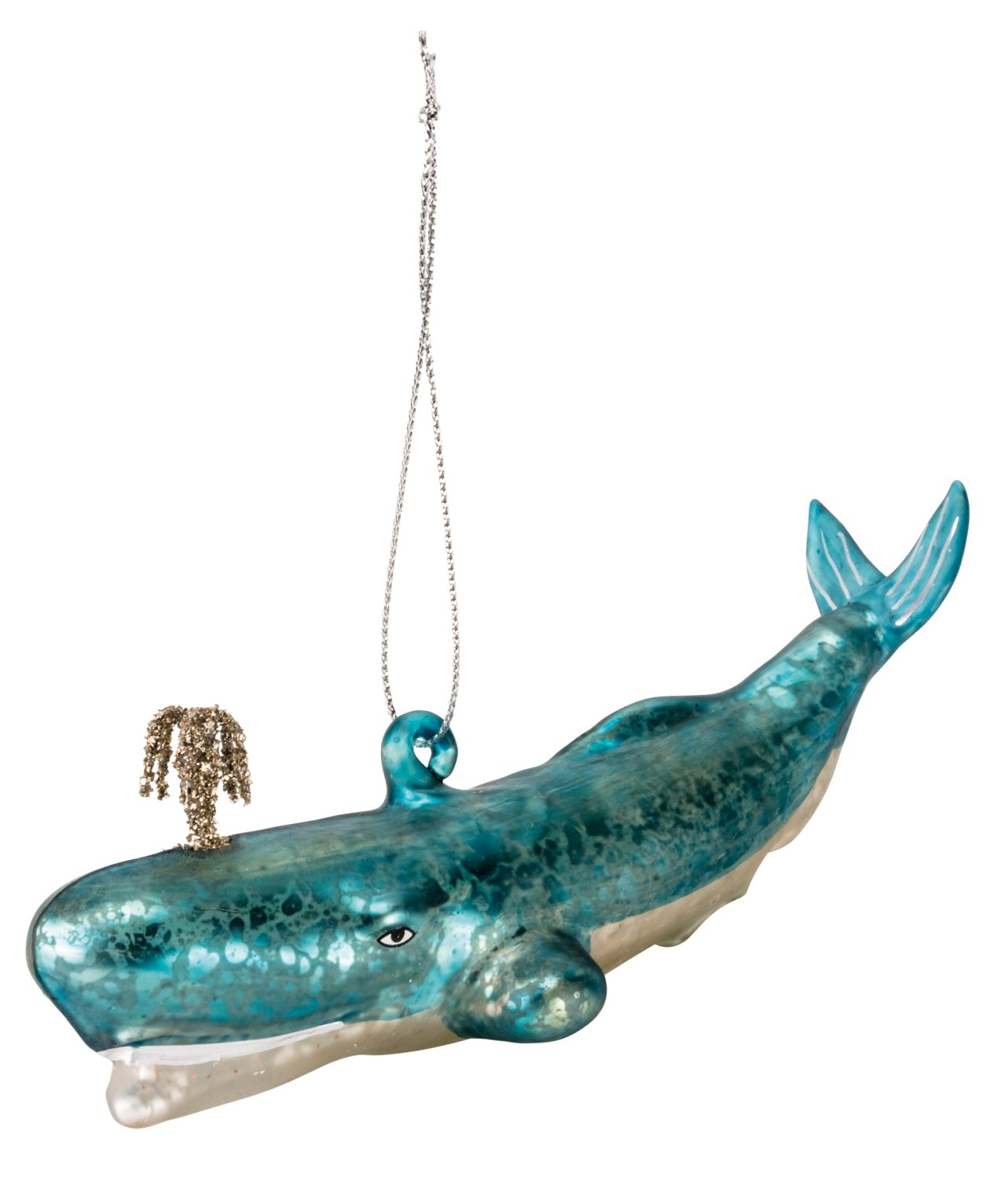 Primitives by Kathy Blue Whale With Silver Spout Glass Christmas Holiday Ornament 5.5 Inches