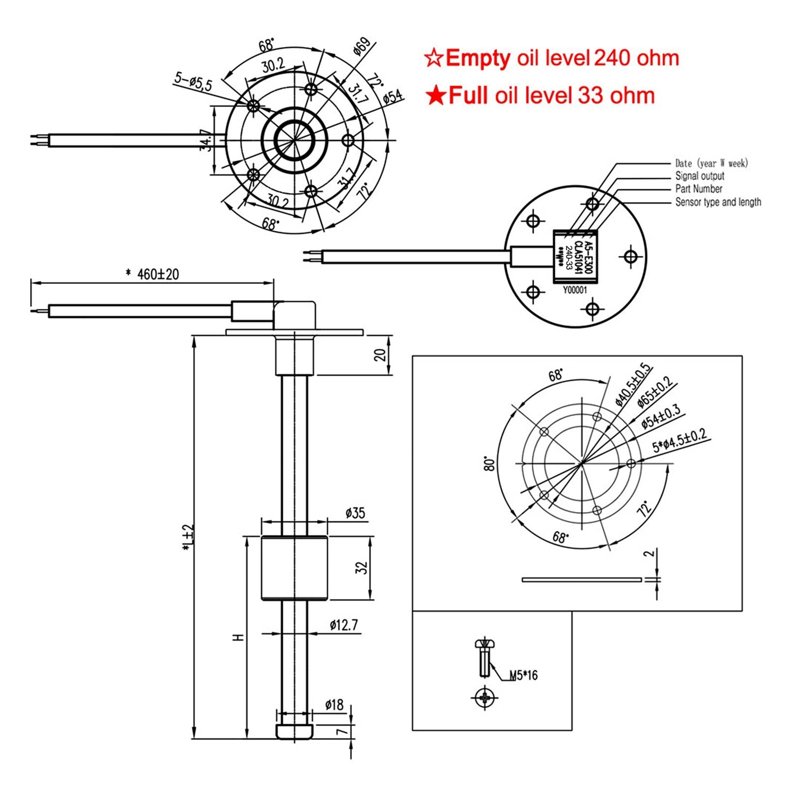 0~190 Ohm czujnik poziomu wody wodoodporny IP67 łódź wskaźnik w samochodzie z 7 kolorami podświetlenia 100mm 300mm 350mm 200m 450mm, Precyzyjny Monitor(WS with 325mm sensor)