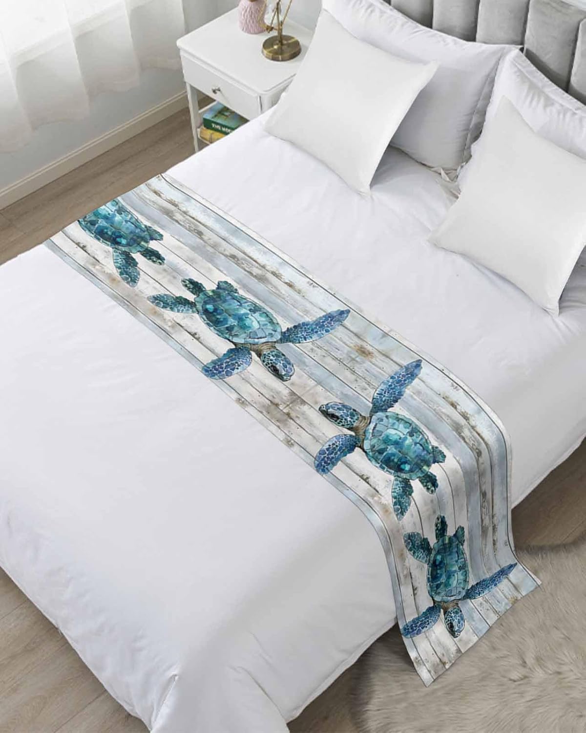 Yukro Bed Runner Scarf, Blue Turtle Vintage Wood Grain Farmhouse King Bed Scarf Runner, No Fading Decorative Bedding Scarf for Bedroom Hotels Homes and Guestrooms